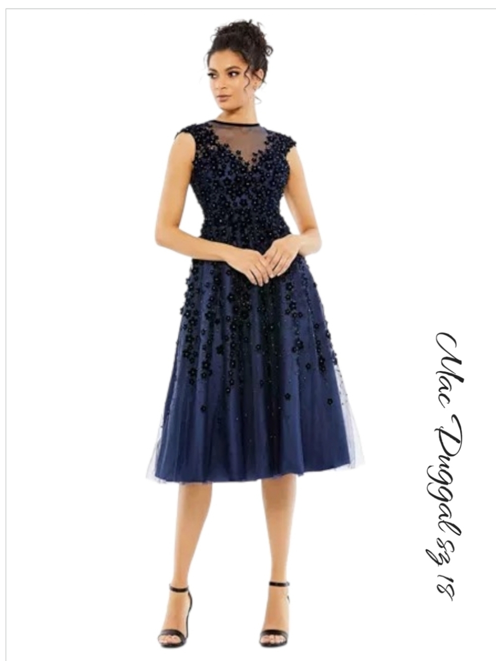 NWT MAC DUGGAL 67910 Navy Blue Embellished Floral Midi Dress 18